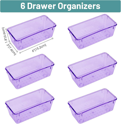WOWBOX 6 PCS Plastic Drawer Organizer Set, Desk Drawer Divider Organizers and Storage Bins for Makeup, Jewelry, Gadgets for Kitchen, Bedroom, Bathroom, Office, Purple