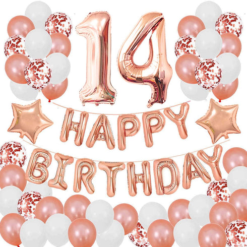 14TH Birthday Decorations for Girls - Happy Birthday Banner, Rose Gold Confetti Balloons for 14 Years Old Party Supplies