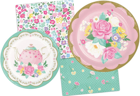 Floral Themed Tea Party Supply Pack Bundle for 8 Guests - Includes Paper Plates & Napkins