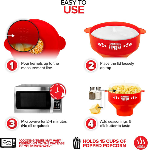 Silicone Microwave Popcorn Popper (Red), Collapsible Air Popper with Lid, Reusable, BPA-Free, Dishwasher Safe