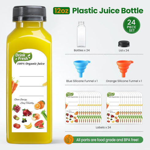 24 PACK, 12 OZ 24 2 Reusable Plastic Juice Bottles with Caps, Plus Labels & Silicone Funnels - Clear Juicing Bottles