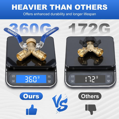 Denninal 2 304 3/4 Inch Brass Garden Hose Splitter Way Heavy Duty with Stainless Steel Long Handle, Outdoor Full Flow
