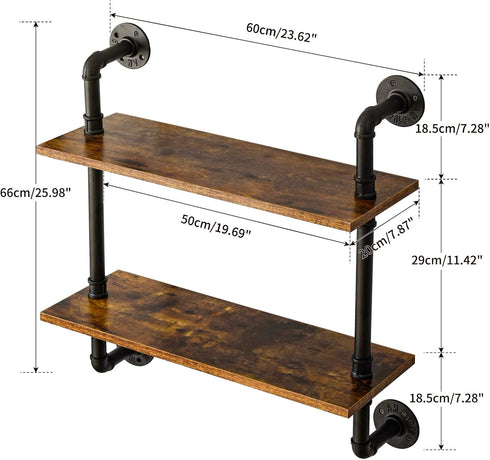 IBUYKE 26" Pipe Floating Shelves, 2-Tiers Industrial Wall Mount Bookshelf, Metal Bracket Storage Shelf for Home