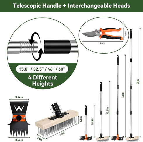 ZORSHUY 4-in-1 Weeding Tool with Hoe, Grabber, Pruning Shears & Scrub Brush,Garden Hoe & Weed Puller Tool with Long