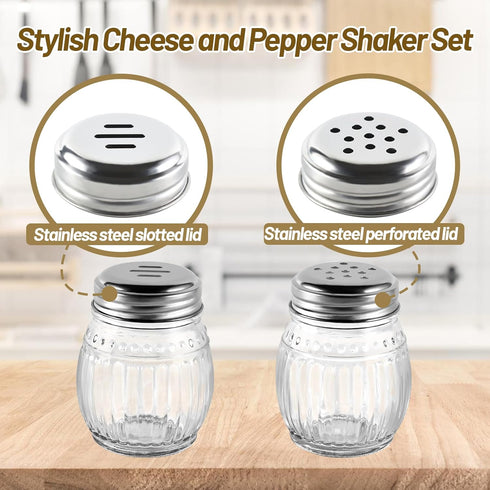 Cheese and Pepper Shakers Set of 2, 6oz Glass Spice Shakers with Stainless Steel Perforated and Slotted Top (Clear) by Wongblee