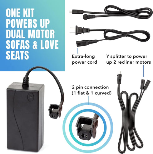 Dual Motor Power Supply Kit, Universally Compatible for Electric Reclining Furniture with Y Splitter Extension Cord