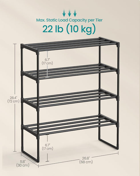4-Tier 10-15 11.8 26.8 28.4 Inches, ULSA204B01 SONGMICS Shoe Rack, Shoe Organizer, Metal Storage Shelf, Upright