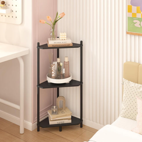 3 Wisuce Corner Shelf Stand - Tier Bamboo Small Corner Bookshelf for Office Kitchen Bedroom Plant Stand Living Room
