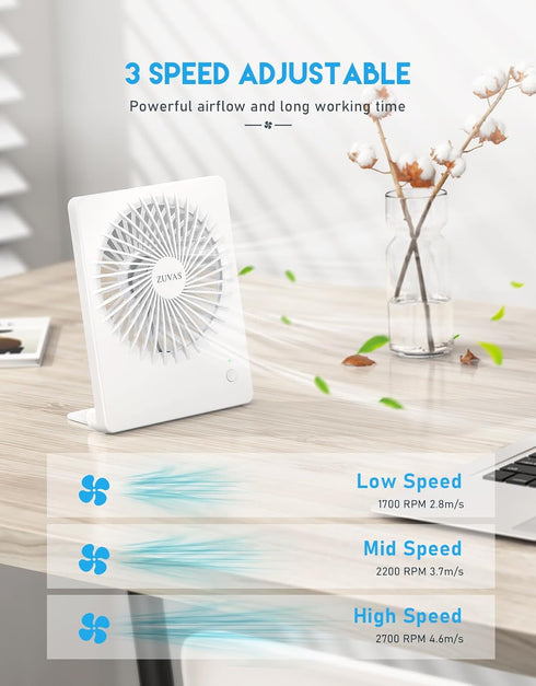 Zuvas Battery Operated Desk Fan, Rechargeable 180° Tilt Folding Personal Fan, Ultra Quiet 3 Speed for Home & Camping