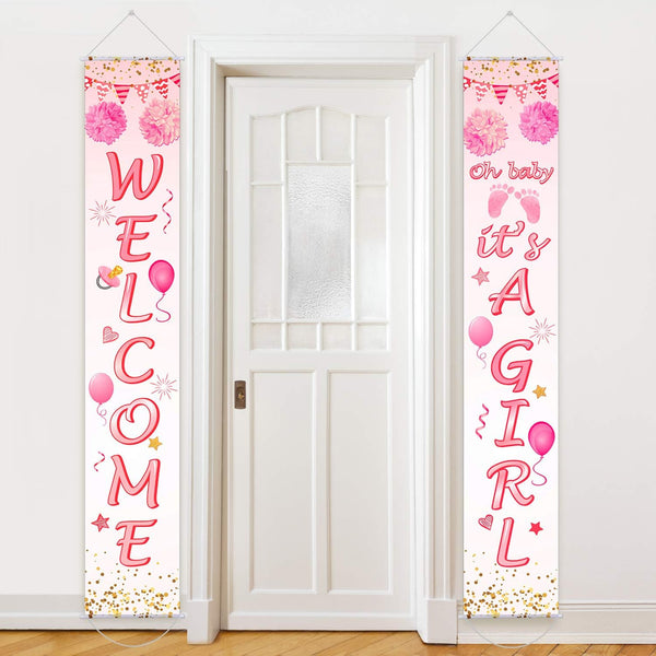Blulu Baby Shower Decorations - 71 x 12 Inch Welcome It Is a Girl Banner Backdrop for Baby Shower Gender Reveal Party