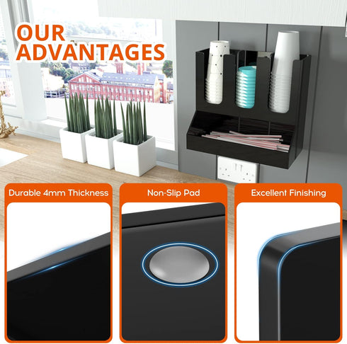 Richboom Cup and Lid Organizer, 6 Compartments with 2 Removable Dividers for Coffee Station - Black Countertop Caddy