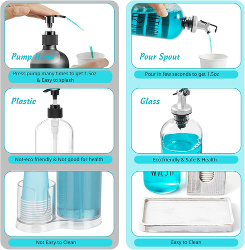 16 OZ Glass Mouthwash Dispenser for Bathroom, Mouthwash Dispenser with Pour Spout and White Washed Wood Cup Holder