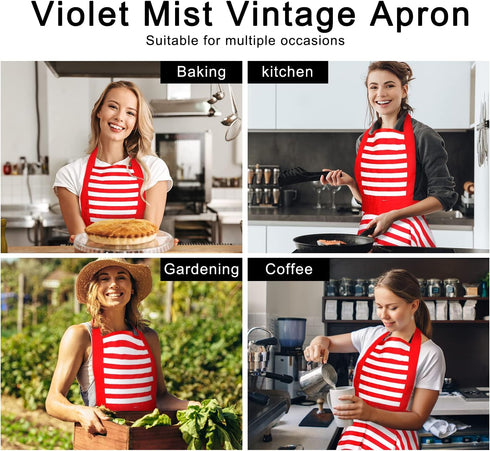 Cute Lovely Violet Mist Retro Aprons for Women, Girls, Vintage 50s Red Striped Kitchen Ruffle Apron, Christmas Gift