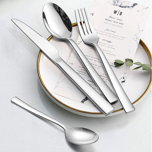 Silverware Set for 2, CXJY 10-Piece Stainless Steel Flatware, Square Edge Kitchen Utensils, Mirror Polished, Dishwasher