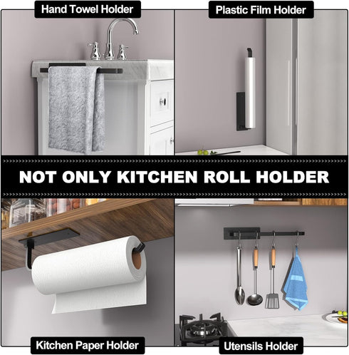 Paper Towel Holder, Self-Adhesive or Drilling, Matte Black Under Cabinet Rack for Kitchen Roll Holder
