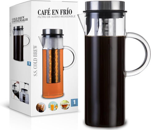 Deluxe Cold Brew Coffee Maker, 44oz/1300ml with Removable Stainless Steel Filter (Stainless Steel)