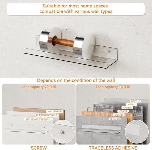 2 Pack Adhesive,15 Inch Clear Acrylic Shelves for Wall with No Drill Floating Shelves for Bathroom,Bedroom,Renter