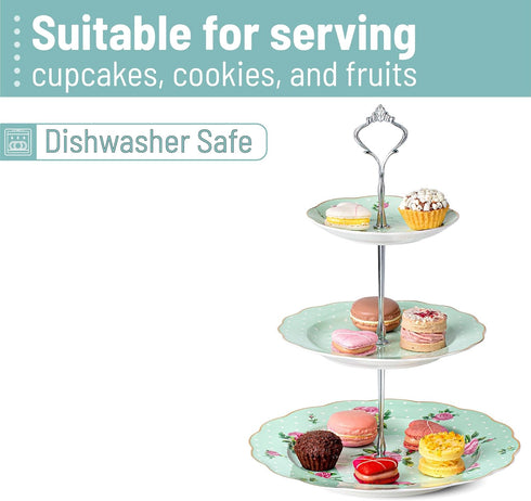 3-Tier BTaT- Porcelain Dessert Tower, Green Afternoon Tea Stand, Sandwich & Plate Stand