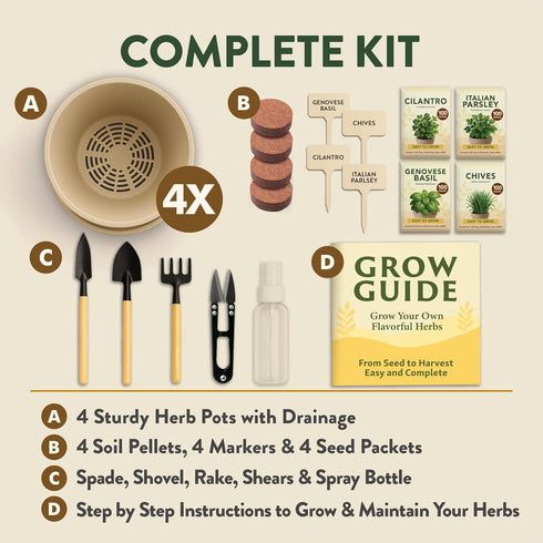 4 HOME GROWN Herb Garden Planter Indoor Kit Unique Christmas Gift for Adults, Men, & Women - Grow Heirloom Herb Seeds