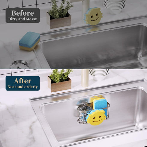 Consumest Sponge Holder Smiley Face - Kitchen Sink Caddy, Sink Organizer with Removable Suction Cups & Adhesive Strips