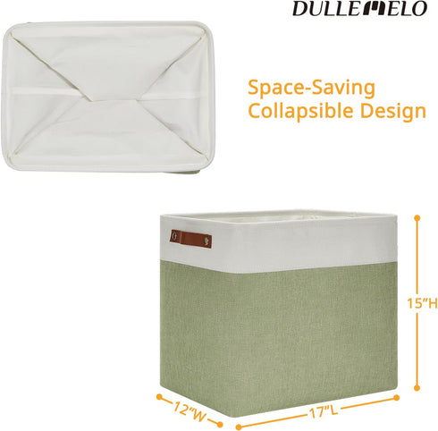 DULLEMELO Large Storage Basket, 17"x12"x15", Fabric Organizer for Clothes, Books, Toys (White & Green)