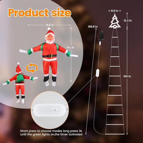 248 8 6H Christmas Ladder Lights with Santa Claus, LED Rope Ladder Light, Lighting Modes & Timer, Waterproof Xmas