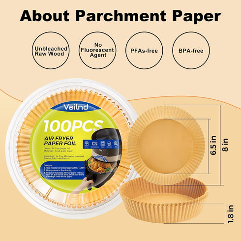 100Pcs Small Air Fryer Liners Disposable, 6.5 Inch Round Parchment Sheets for Baking Cooking Food