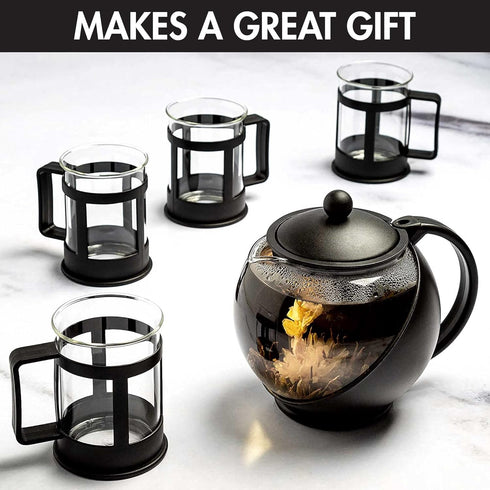 Set 4 40-Ounce, Set, Set 4 Primula Half Moon Teapot with Tea Cups, Removable Stainless Steel Filter and Infuser, Glass