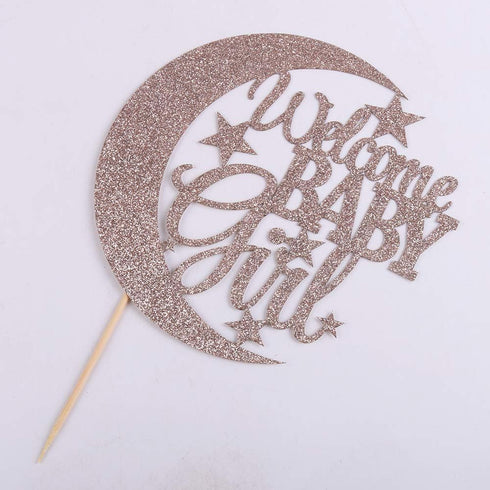 PALASASA Baby Girl Cupcake Topper - Moon and Stars Greeting, Rose Gold - Baby Shower & Gender Reveal Decorations