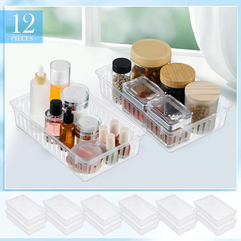 Wenqik Set of 12 Plastic Baskets for Organizing, Rectangular Trays for Desk Organization (Clear)