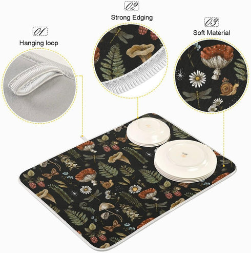 Vintage Botanical Mushroom Fern Leaves Berry Dish Drying Mat, Super Absorbent Microfiber Kitchen Countertop Protector