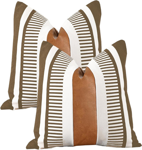 Pack of 2 Farmhouse Decorative Throw Pillow Covers, 18x18 Modern Faux Leather Rustic Stripe