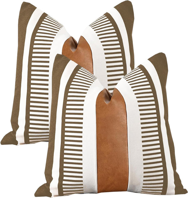 Pack of 2 Farmhouse Decorative Throw Pillow Covers, 18x18 Modern Faux Leather Rustic Stripe
