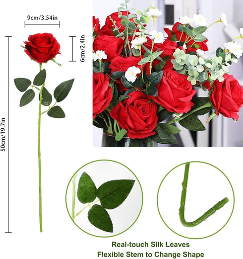 JUSTOYOU 10Pcs Artificial Roses Flowers, Realistic Silk Rose, Long Stem Bouquets for Home Wedding Decoration