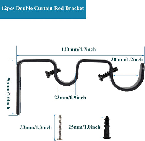 12 PCS Heavy Duty Double Curtain Rod Brackets, Black Wall Mount Holder for Double Rod