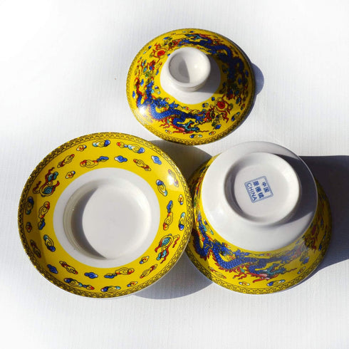 Gaiwan Teacup 7oz Chinese Dragon Sancai Cover Bowl Lip Saucer Set for Gongfu Tea (Yellow)