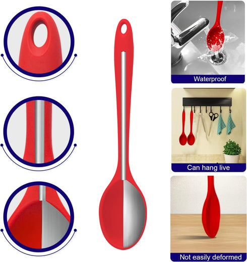 Silicone Spoons for Cooking, Serving Spoons Silicone Cooking Spoons for Mixing, Stirring & Basting, 10 INCHES, Nonstick Heat Resistant (3 PCS Red)