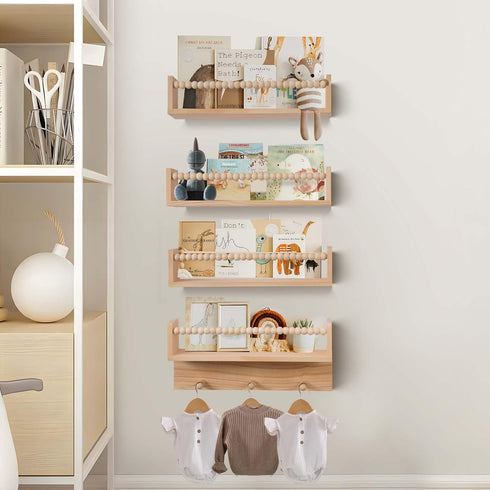 Generic Bookshelves,Set 4 BOMID Wall of Natural Wood Floating Bookshelf,Nursery Shelves,Floating Book Shelves
