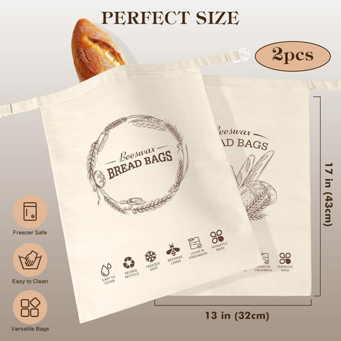 2 Pack Aofmee Beeswax Bread Bags for Homemade Bread & Sourdough, Reusable Sourdough Bags, XL Natural Cotton Beeswax