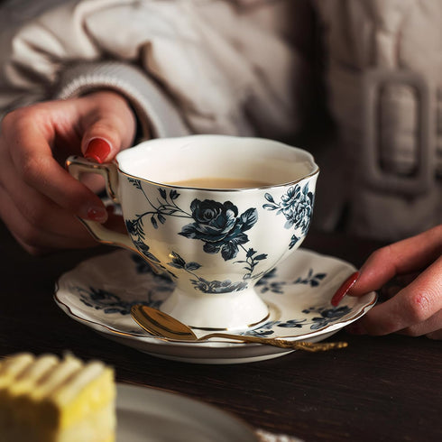 KAMMAK Set 2, 6.8-Ounce Tea Cups and Saucers of Porcelain Coffee Cups, Stackable Espresso Mugs, Ceramic Demitasse