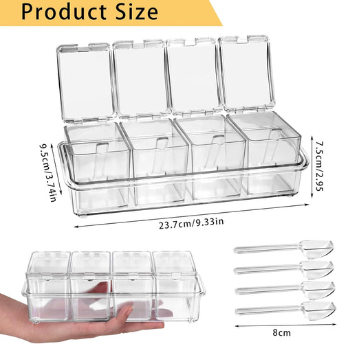 4-Cell Clear Seasoning Rack, Acrylic Spice Box with Cover and Spoon, Storage Container for Condiments
