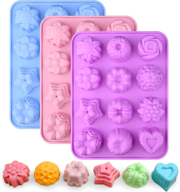 Sakolla 3 Pack Chocolate Flowers Silicone Molds, 12 Cavity Heart Shape Candy Cake Molds for Baking, Cupcake