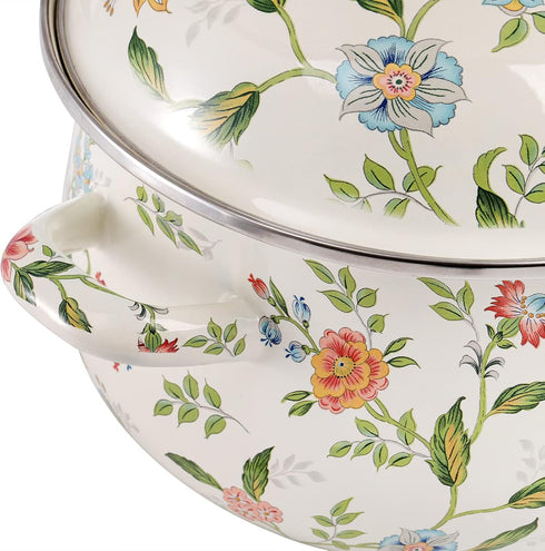 Jucoan 2.8 Quart Vintage Enamel Stockpot with Lid, Green Floral Cooking Pot for Stovetop