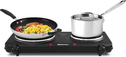 Elite Gourmet EDB-302BF Black Countertop Double Cast Iron Burner, 1500 Watts, Easy to Clean