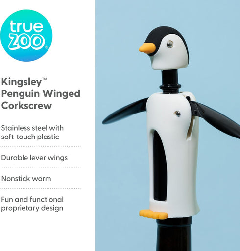 True Zoo Multicolor Winged Penguin Corkscrew, Soft-Touch Wine Bottle Opener Kit, 8.25"