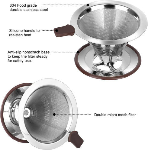 Pour Over Coffee Dripper, Professional Stainless Steel Drip Cone with Reusable Paperless Filter, 1-4 Cup, Cup Stand