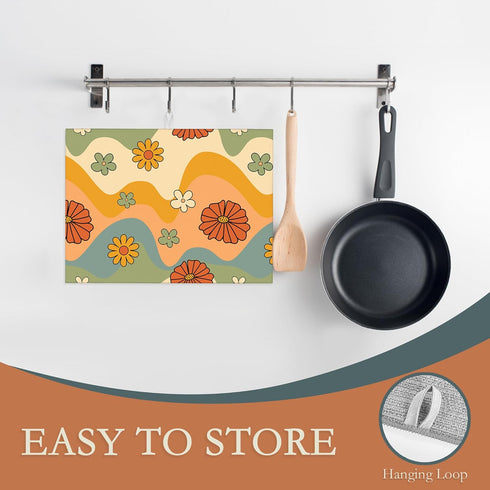 Retro 70s Dish Drying Rack Mats, 18x24 Inch Absorbent Microfiber Kitchen Counter Pad, Daisy Floral Design for Coffee Bar