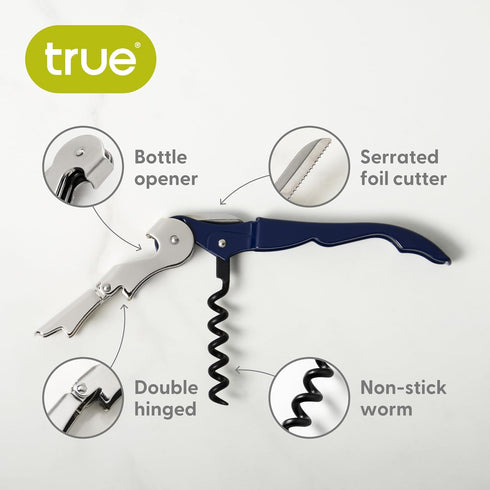 True Brands TrueTap Double Hinged Waiters Corkscrew - Top-notch Stainless Steel Opener with Foil Cutter, Navy Blue, Set