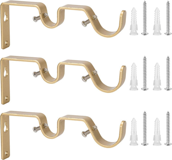 Ycolnaefllr Set of 3 Golden Double Rod Holders, Heavy Duty Double Curtain Rod Brackets for 1 and 0.7-Inch Rod