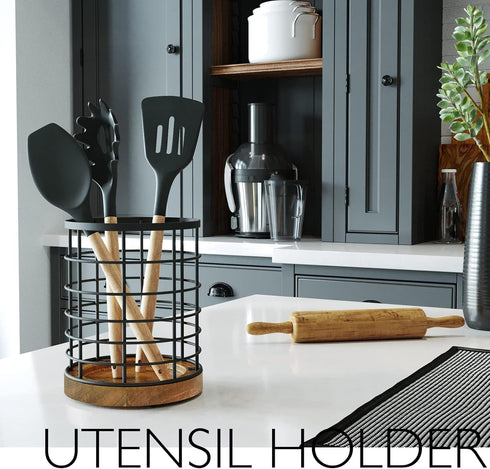 Utensil Holder for Kitchen Counter - Black Wire with Wooden Base, Large Wooden Cooking Utensil Organizer